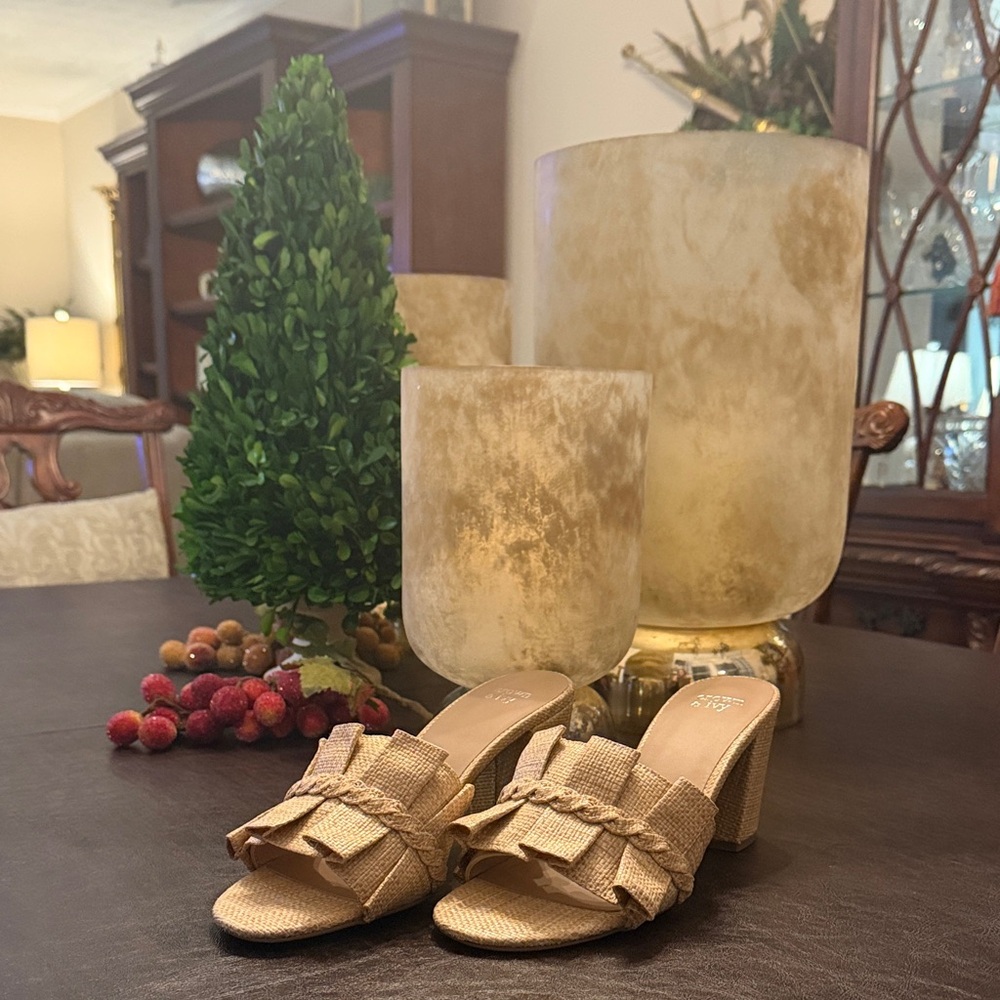Brand New size 9 Crown &  Ivy Tan Woven Slide Heels with Bow Detail